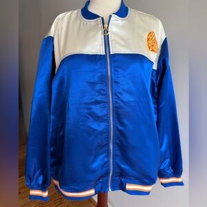 NWT Disney Blue Satin Sunburst Satin Bomber Varsity Jacket - Adult Size 2X